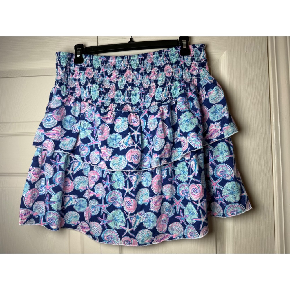 Simply Southern Coastal‎ Seashell Starfish Ruffle Smocked Skirt Blue Pink XL NEW